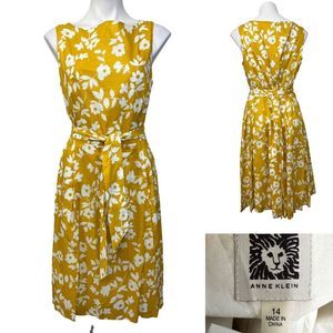 Anne Klein dress plus size 14 100% cotton A-line knee length yellow white floral